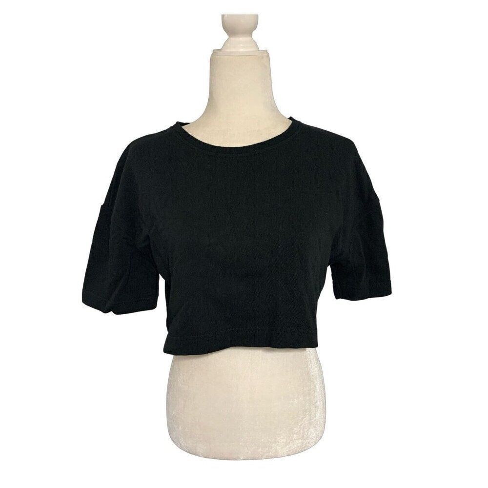 zara womens solid black short sleeve crop sweater top small